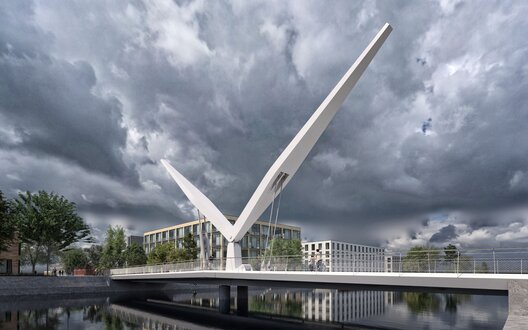Die Werfthafenbrücke überzeugte im Wettbewerb wegen ihrer prägnanten Architektur, dem durchdachten Lichtkonzept und der technischen Umsetzung. Die Planungen sind jetzt beauftragt. Visualisierungen: Pantaingenieure-Neypartners | © PantaIngenieure-NeyPartners