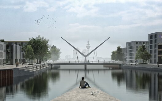 Die Werfthafenbrücke überzeugte im Wettbewerb wegen ihrer prägnanten Architektur, dem durchdachten Lichtkonzept und der technischen Umsetzung. Die Planungen sind jetzt beauftragt. Visualisierungen: Pantaingenieure-Neypartners | © PantaIngenieure-NeyPartners
