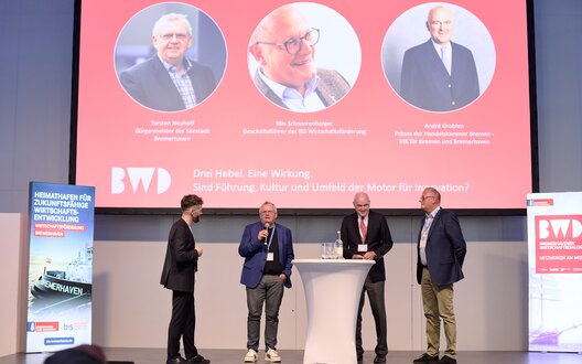 Der 8. Bremerhavener Wirtschaftsdialog wird Eröffnet. von Links: Rönke von der Heide (Moderation), Bürgermeister Torsten Neuhoff, Nils Schnorrenberger, André Grobien. | © Relloffice/BIS